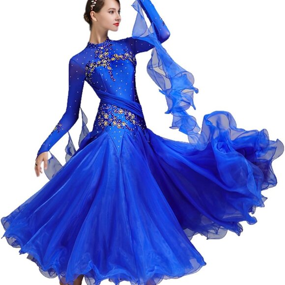 Royal Blue Ballroom Dance Dress: Floral Competition Dress for Women Size L